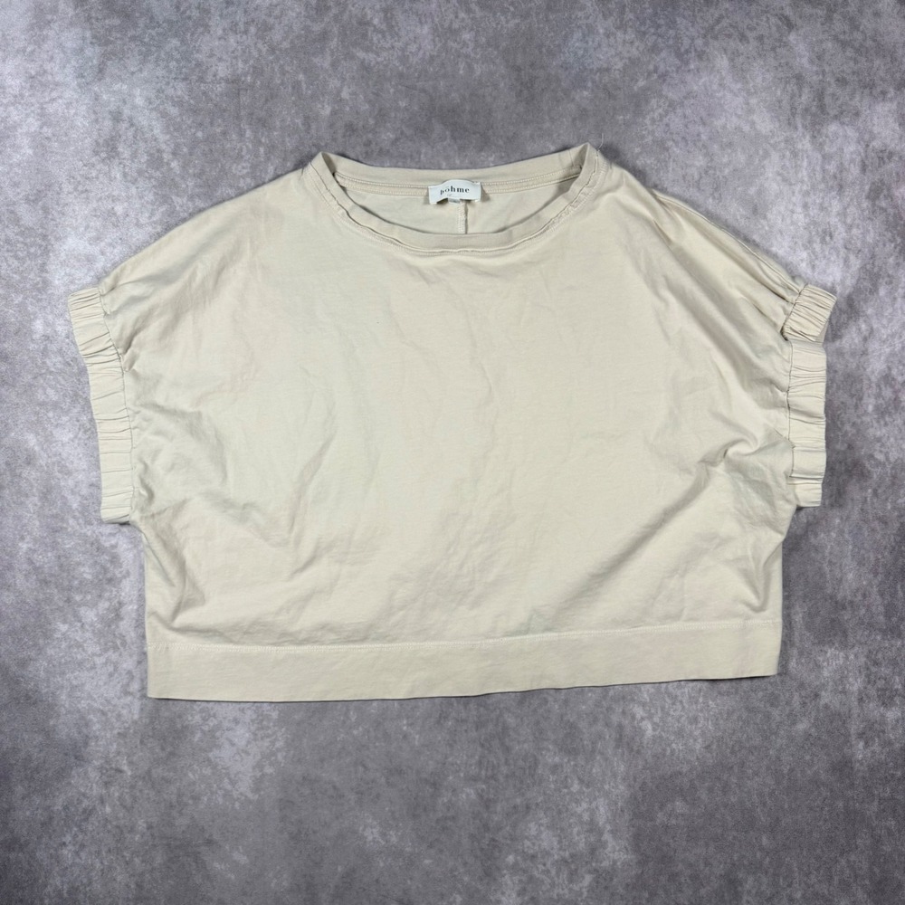 Bohme Womens Small Beige Cotton Short Sleeve Boxy Oversized Crop Top Minimal